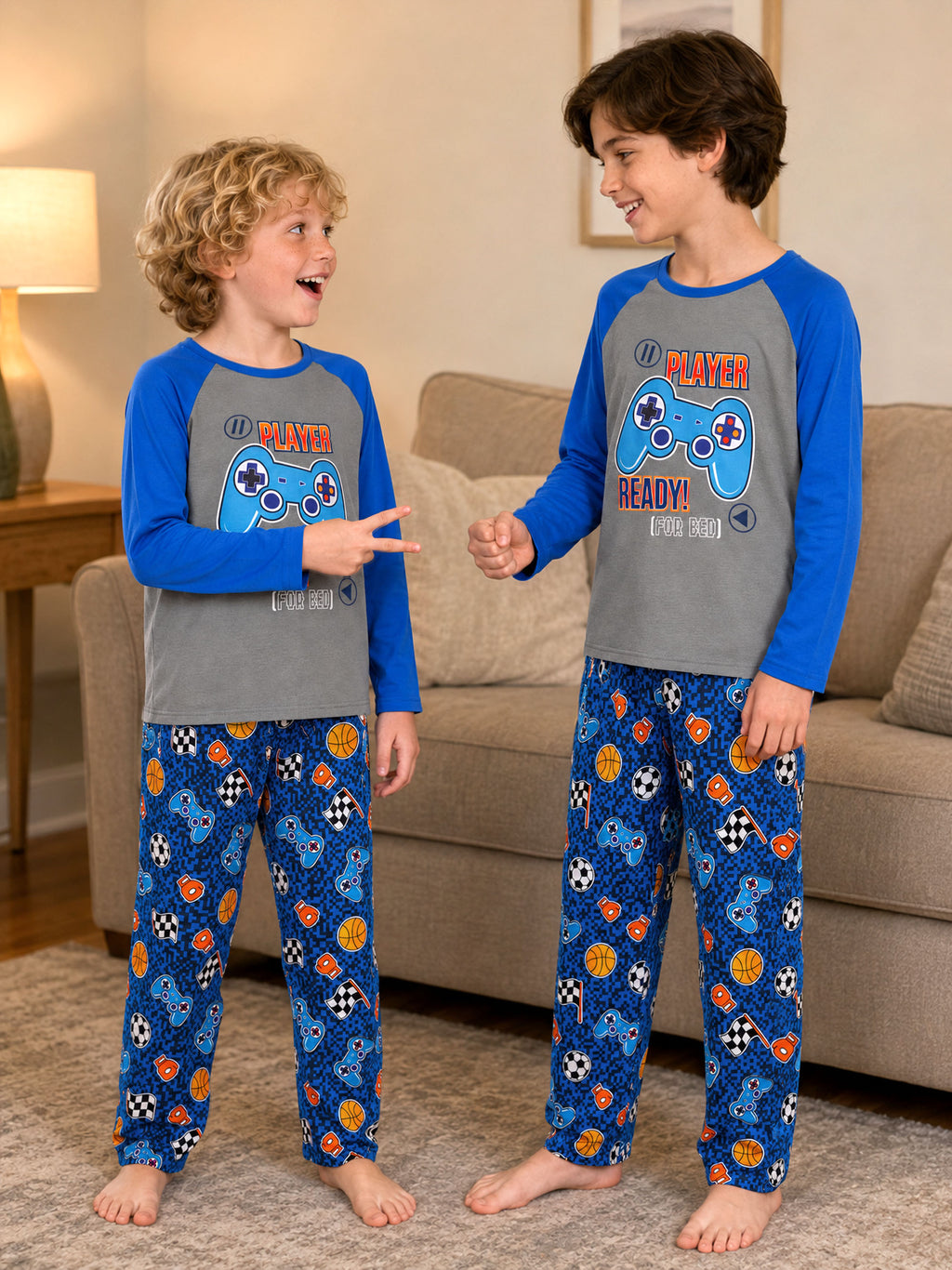 Beezizac boys pajama set — Grey‑Blue Raglan Player Ready Game‑Sports
