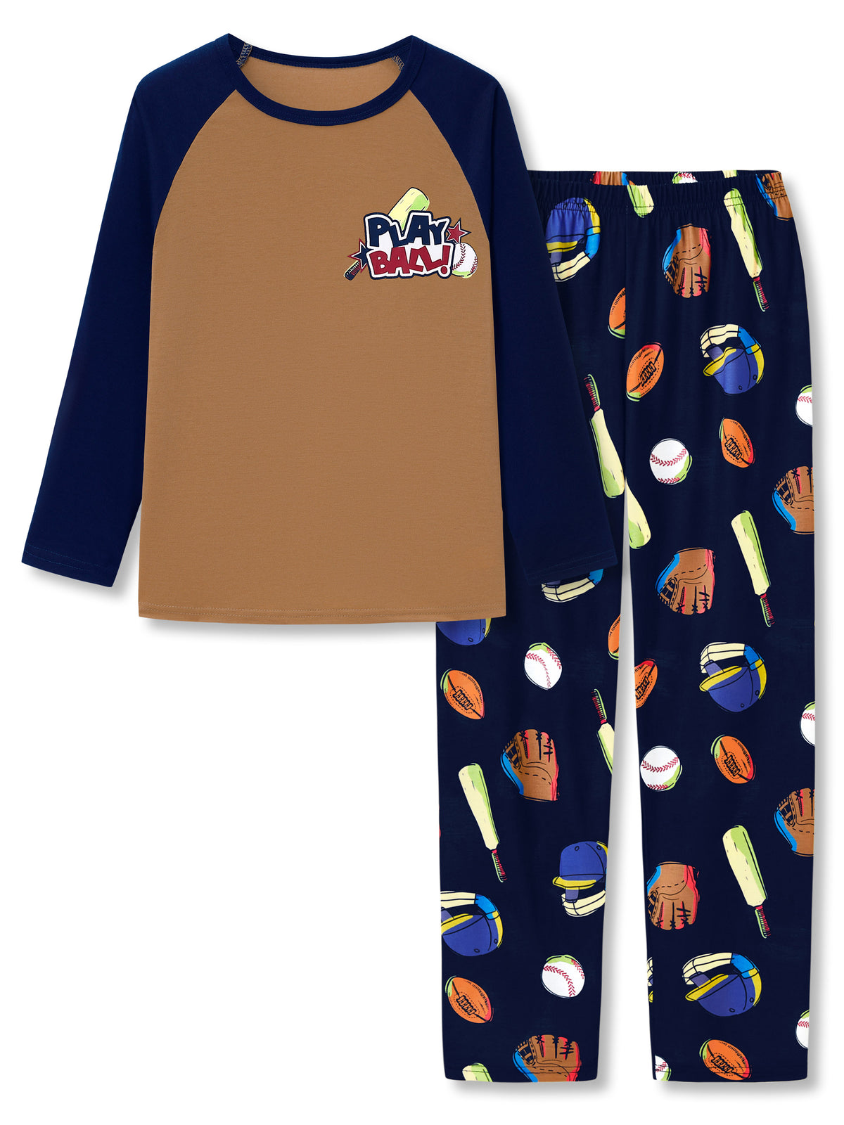 Beezizac boys pajama set — Tan‑Navy Baseball Sports