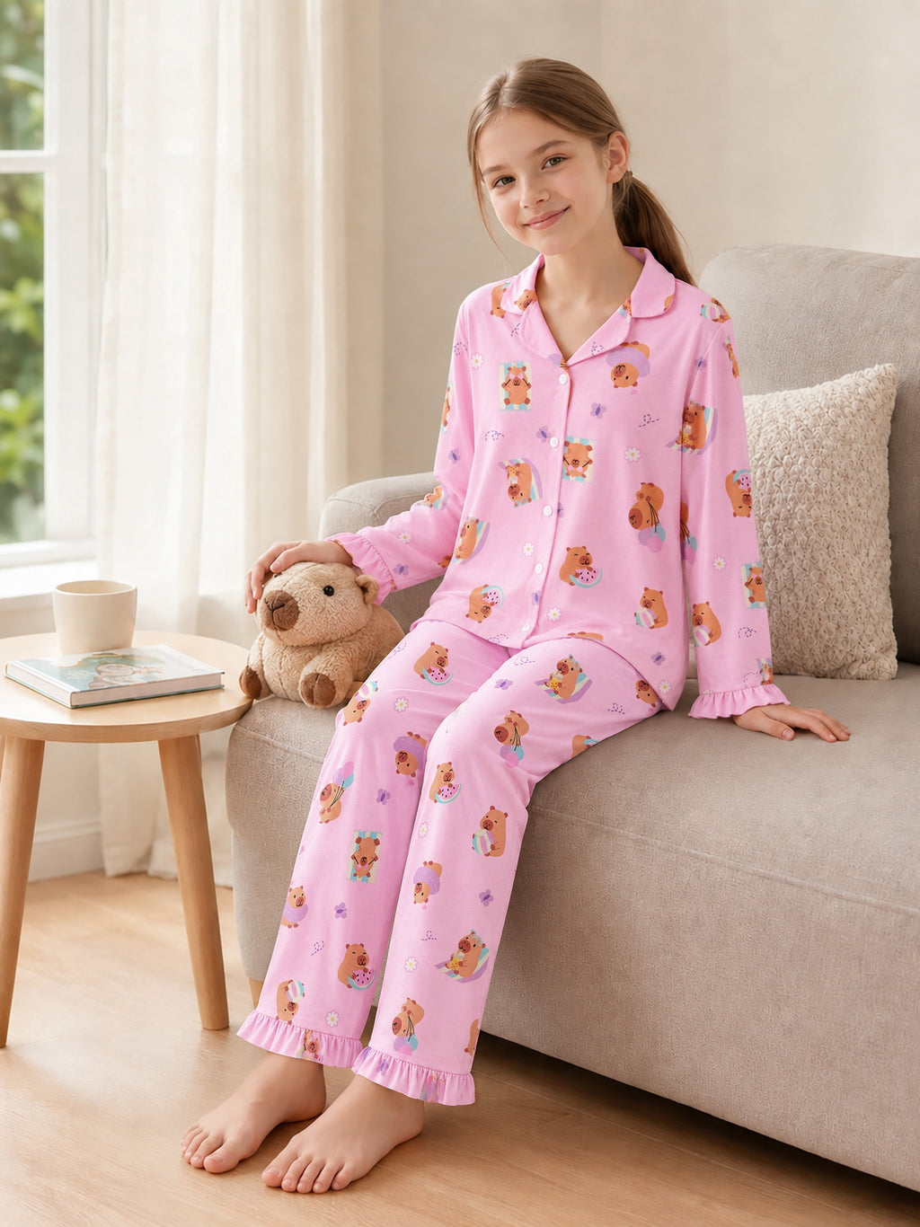 Beezizac Girls’ Long Sleeve Button-Down Pajama Set – Assorted Prints – Pink Vacation Capybara (Long sleeves & Long Pants)