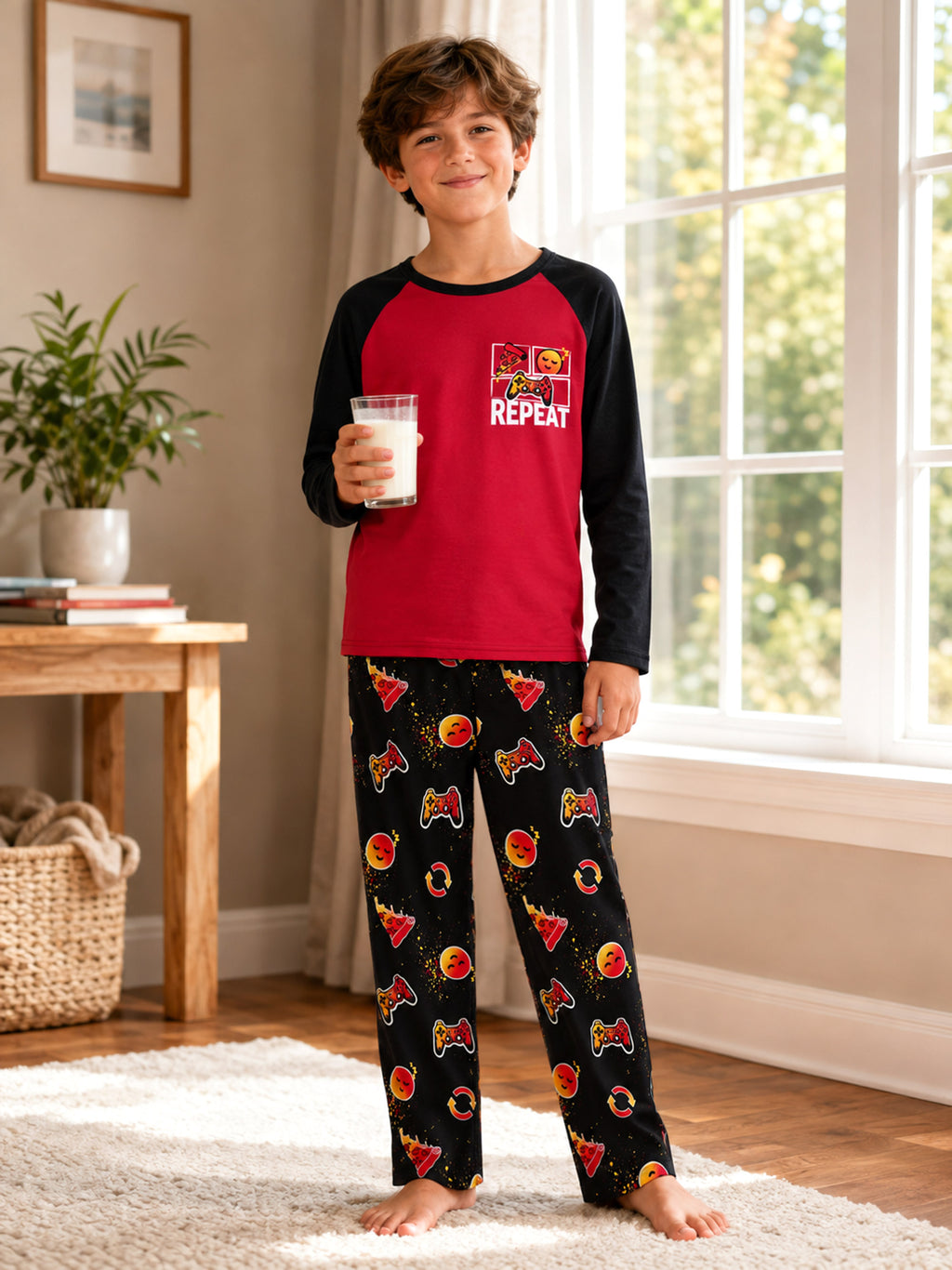 Beezizac boys pajama set — Red‑Black Raglan Repeat Pizza & Sleepy Face