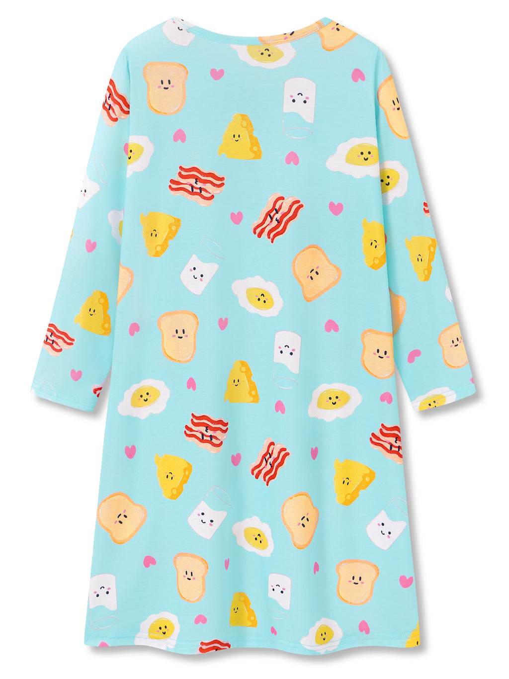 Beezizac girls long sleeve nightgown - Light Blue Cartoon Breakfast Food Print