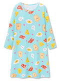Beezizac girls long sleeve nightgown - Light Blue Cartoon Breakfast Food Print