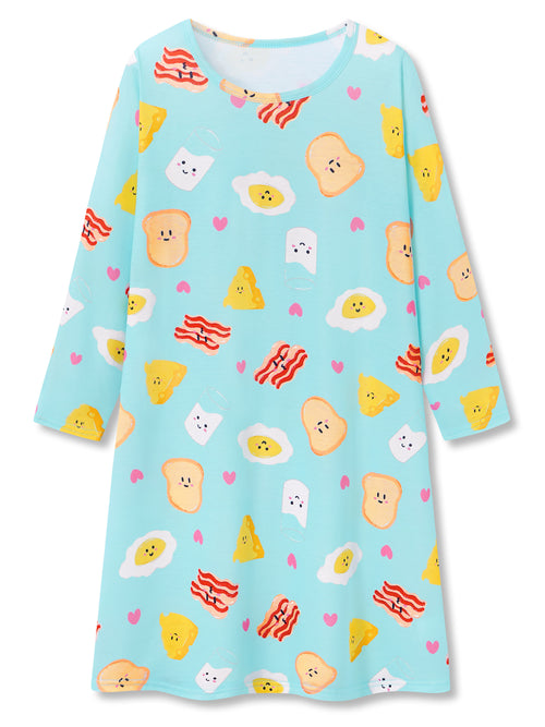 Beezizac girls long sleeve nightgown - Light Blue Cartoon Breakfast Food Print