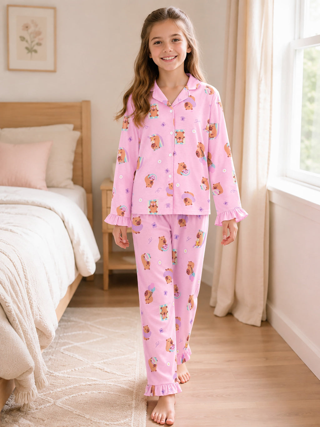 Beezizac Girls’ Long Sleeve Button-Down Pajama Set – Assorted Prints – Pink Vacation Capybara (Long sleeves & Long Pants)