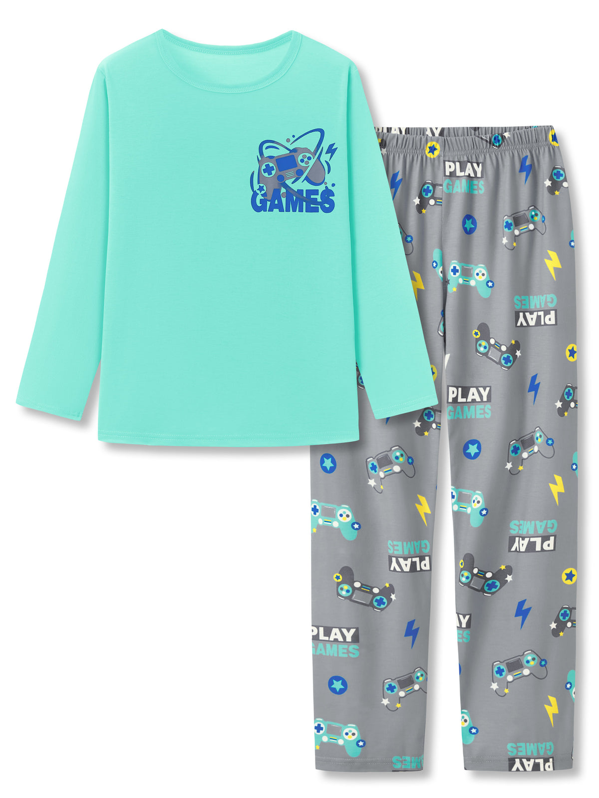 Beezizac boys pajama set — Mint‑Grey Game Controller & Play Games