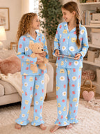 Beezizac Girls’ Long Sleeve Button-Down Pajama Set – Assorted Prints – Light Blue Cartoon Toast Bacon Fried Egg (Long sleeves & Long Pants)
