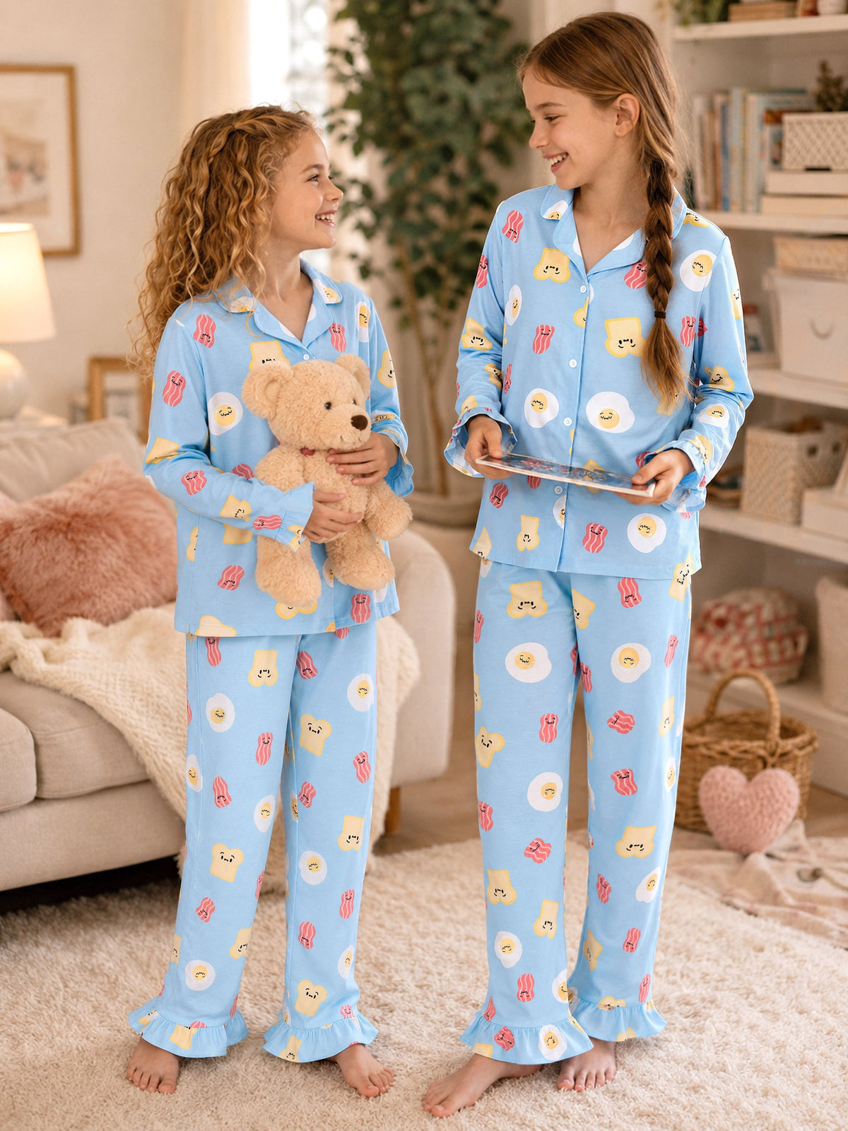 Beezizac Girls’ Long Sleeve Button-Down Pajama Set – Assorted Prints – Light Blue Cartoon Toast Bacon Fried Egg (Long sleeves & Long Pants)