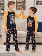 Beezizac Boys’ 2-Piece Long Sleeve Pajama Set – Sports, Gaming & Character Prints – Black Orange "Power Up" Capybara & Axolotl