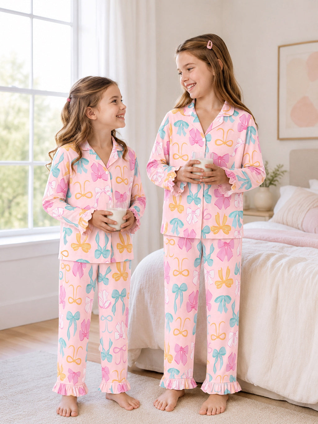 Beezizac Girls’ Long Sleeve Button-Down Pajama Set – Assorted Prints – Pink Colorful Bow (Long sleeves & Long Pants)
