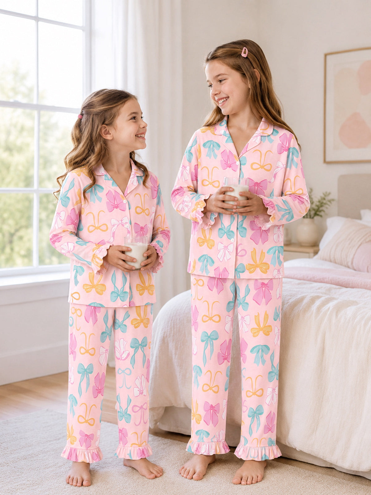 Beezizac Girls’ Long Sleeve Button-Down Pajama Set – Assorted Prints – Pink Colorful Bow (Long sleeves & Long Pants)