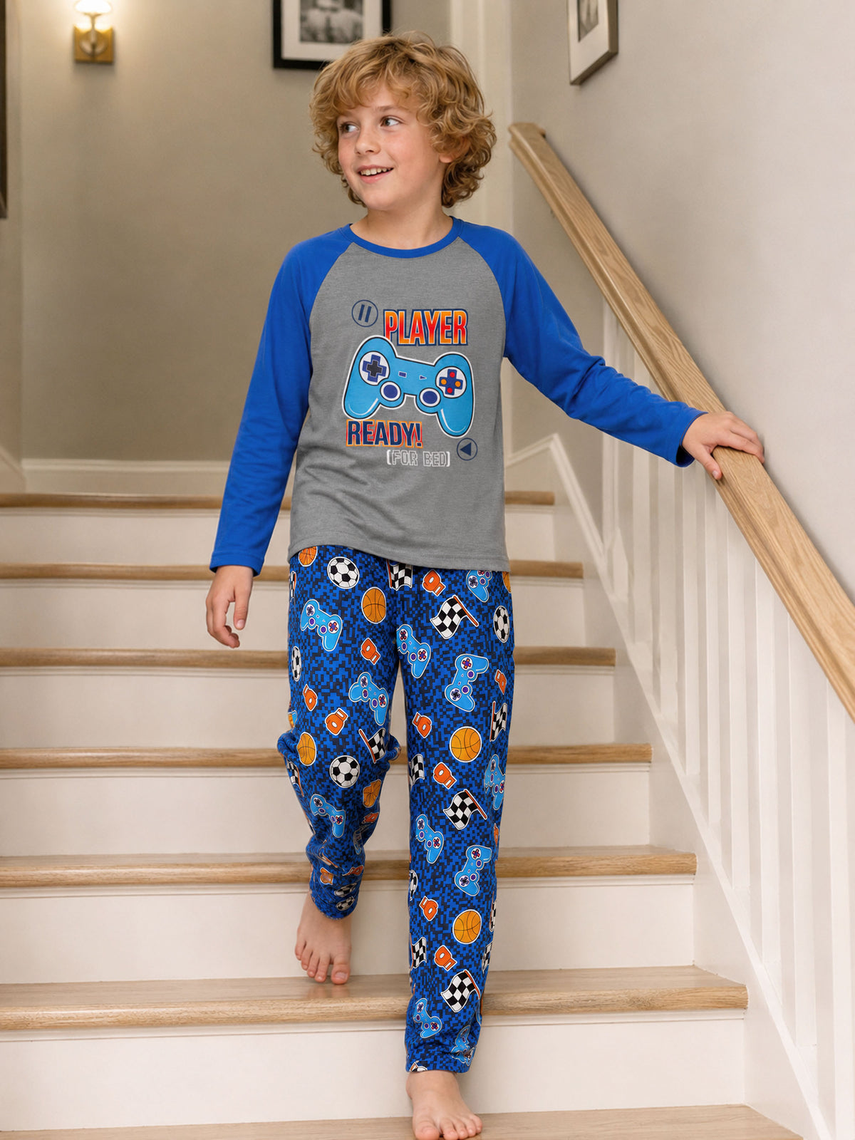Beezizac boys pajama set — Grey‑Blue Raglan Player Ready Game‑Sports