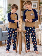 Beezizac boys pajama set — Tan‑Navy Baseball Sports