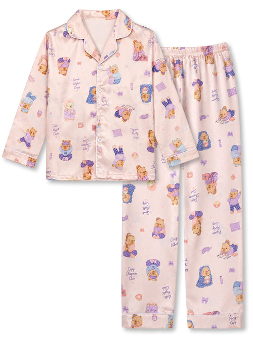 Beezizac girls pajama set - Pink Lilac Slumber Party Capybara (Long Sleeve & Long Pant)