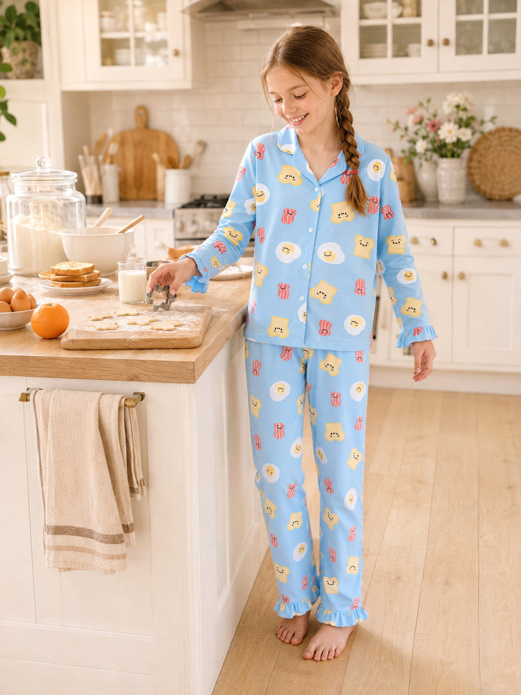 Beezizac Girls’ Long Sleeve Button-Down Pajama Set – Assorted Prints – Light Blue Cartoon Toast Bacon Fried Egg (Long sleeves & Long Pants)