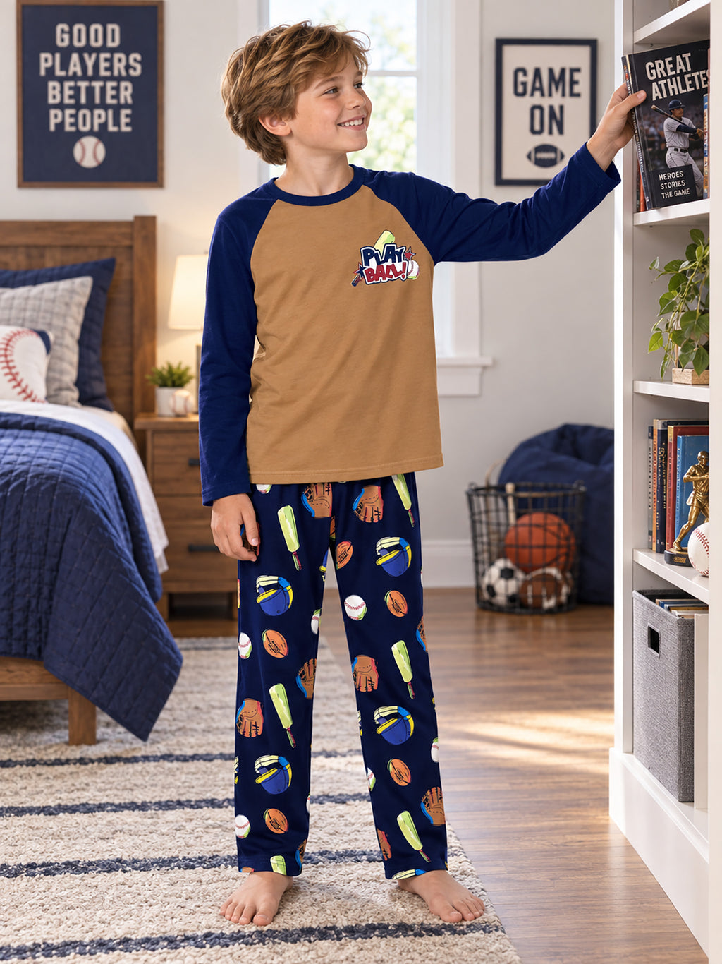 Beezizac boys pajama set — Tan‑Navy Baseball Sports
