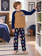 Beezizac boys pajama set — Tan‑Navy Baseball Sports