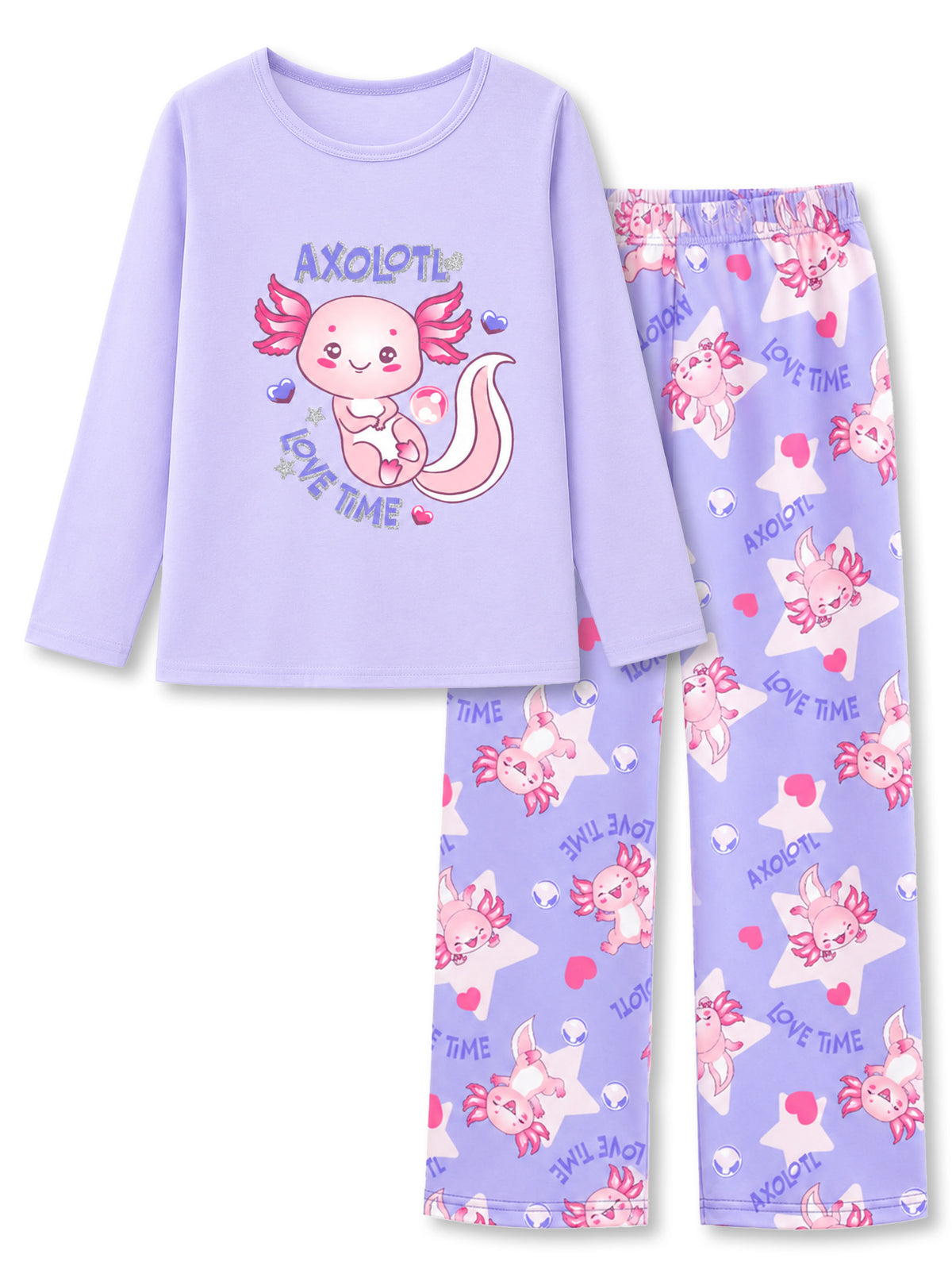 Beezizac girls pajama set - Lavender Axolotl (Long Sleeve & Wide Leg Pant)