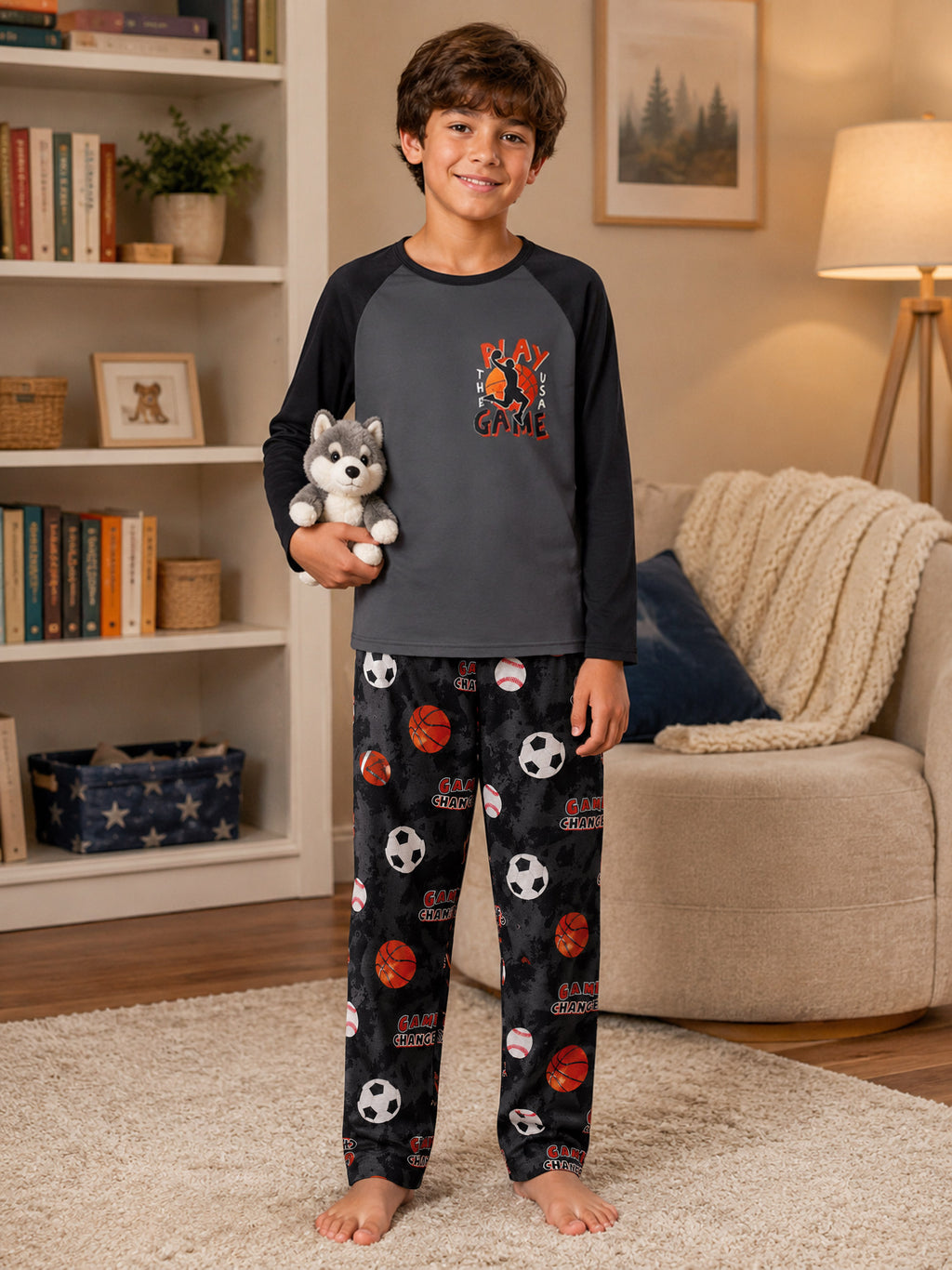 Beezizac boys pajama set — Grey‑Black Raglan Play The Game Multi‑Sport