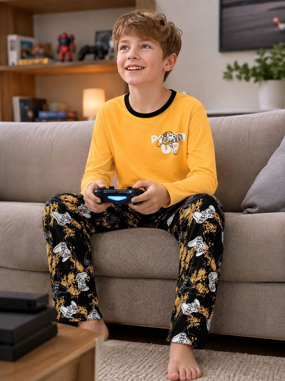 Beezizac boys pajama set — Yellow‑Black Game Controller