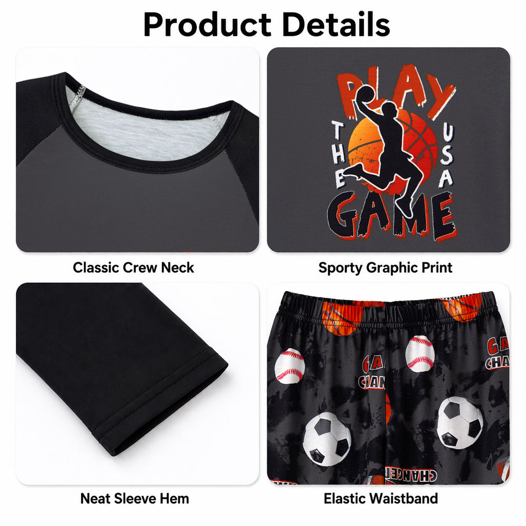 Beezizac boys pajama set — Grey‑Black Raglan Play The Game Multi‑Sport