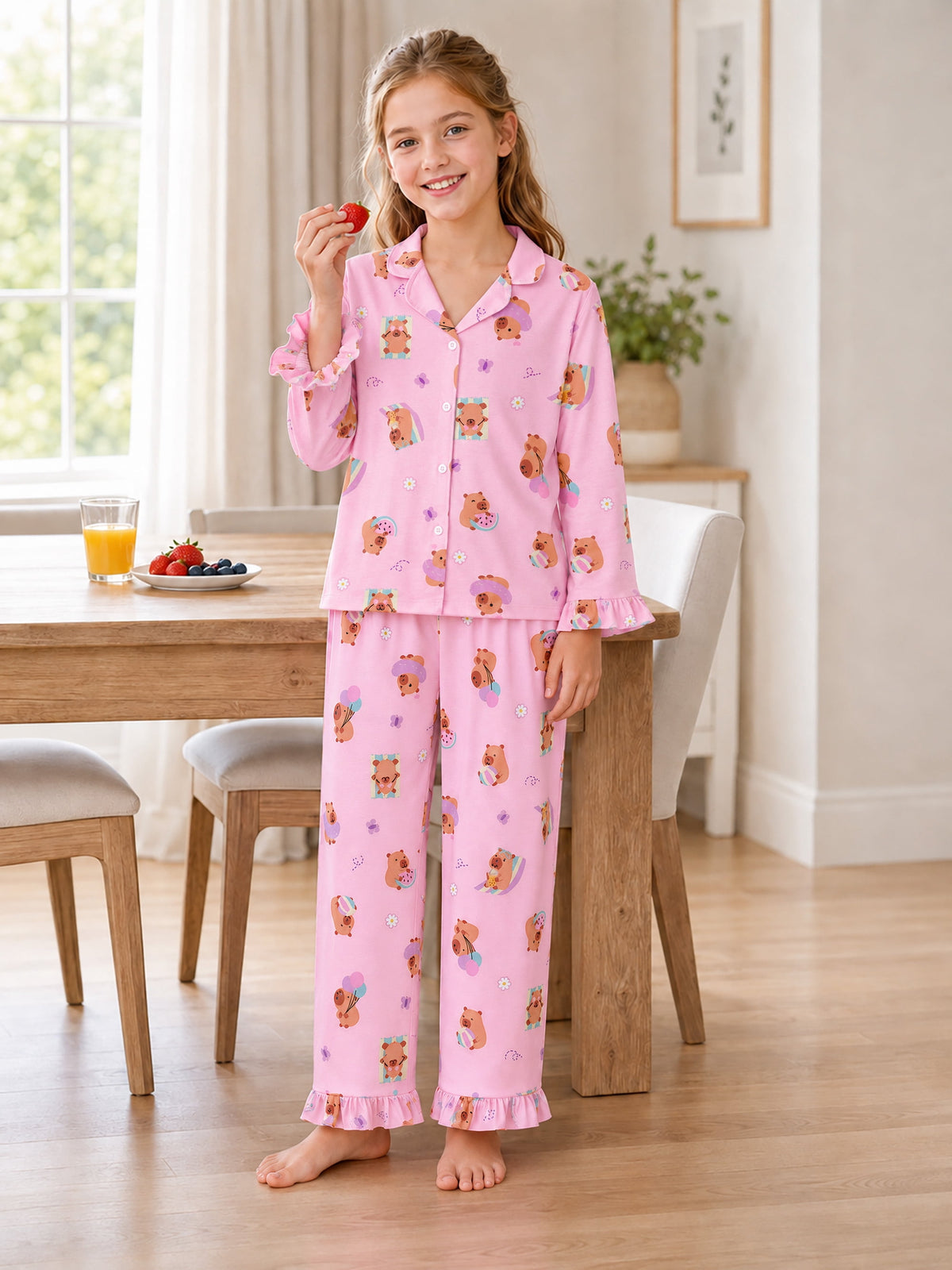 Beezizac Girls’ Long Sleeve Button-Down Pajama Set – Assorted Prints – Pink Vacation Capybara (Long sleeves & Long Pants)