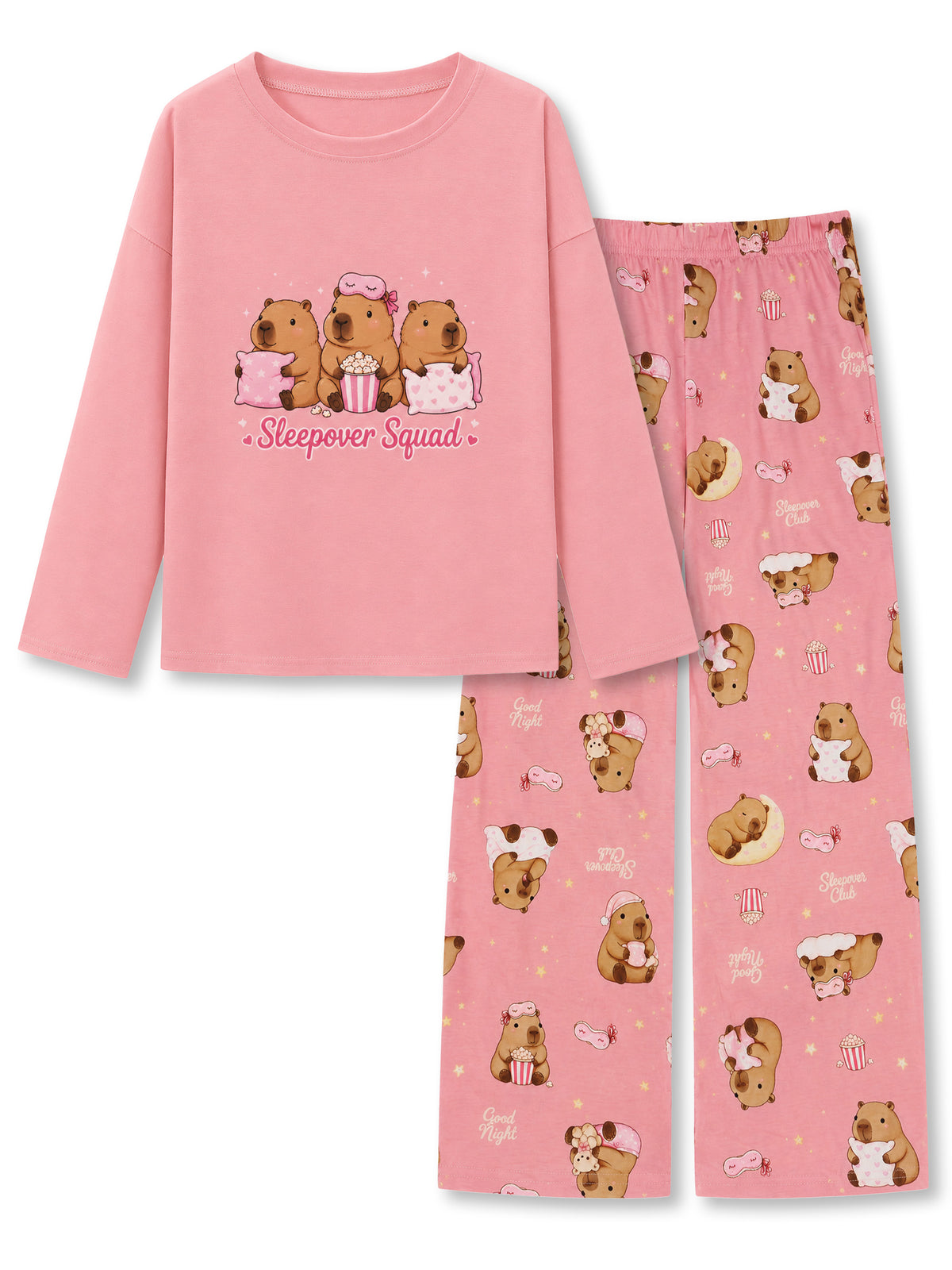 Beezizac girls pajama set - Dusty Pink Sleepover Squad Capybara (Long Sleeve & Wide Leg Pant)