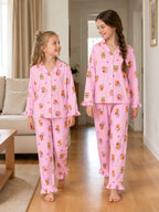 Beezizac Girls’ Long Sleeve Button-Down Pajama Set – Assorted Prints – Pink Vacation Capybara (Long sleeves & Long Pants)