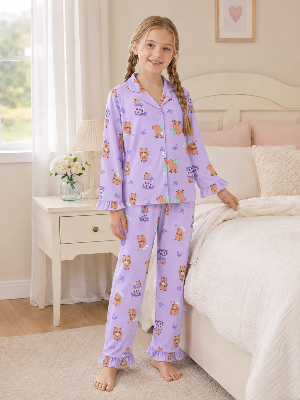 Beezizac Girls’ Long Sleeve Button-Down Pajama Set – Assorted Prints – Light Purple Capybara Bubble Tea (Long sleeves & Long Pants)