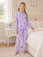 Beezizac Girls’ Long Sleeve Button-Down Pajama Set – Assorted Prints – Light Purple Capybara Bubble Tea (Long sleeves & Long Pants)