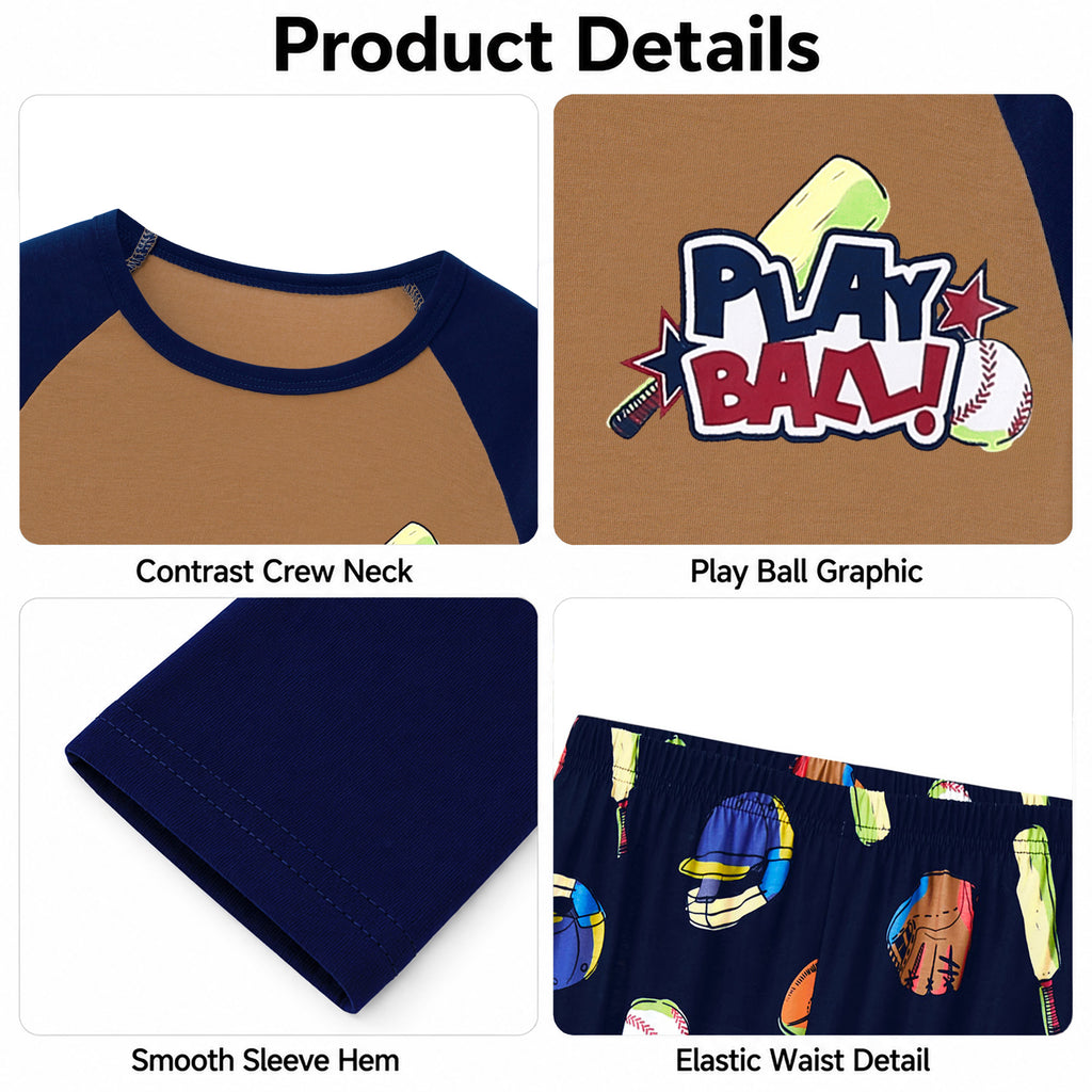 Beezizac boys pajama set — Tan‑Navy Baseball Sports
