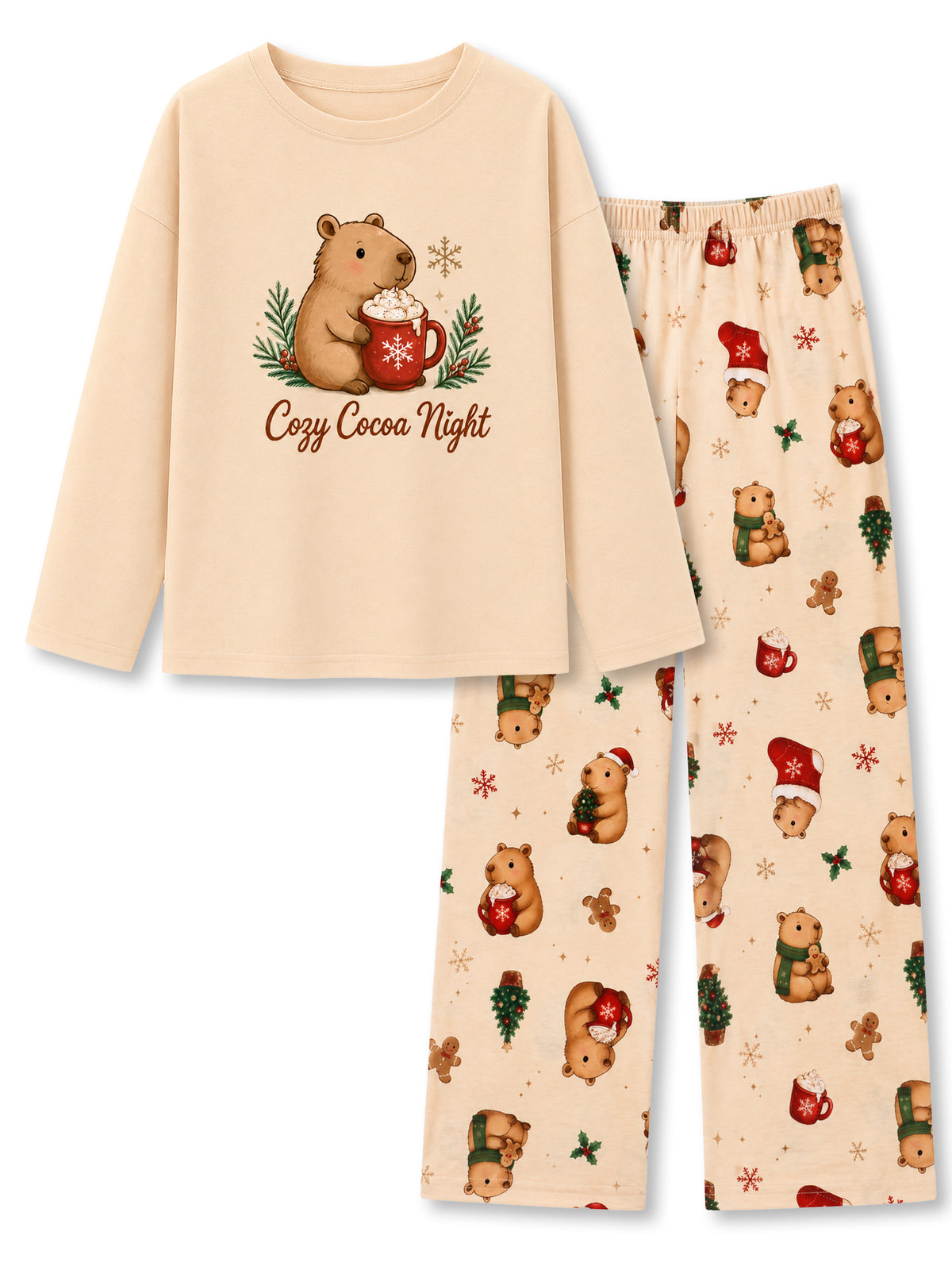 Beezizac girls pajama set - Cream Hot Cocoa Christmas Capybara (Long Sleeve & Wide Leg Pant)