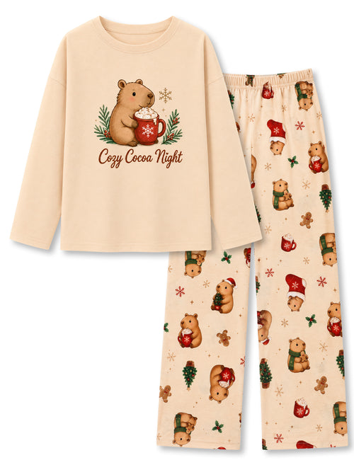 Beezizac girls pajama set - Cream Hot Cocoa Christmas Capybara (Long Sleeve & Wide Leg Pant)