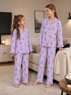 Beezizac Girls’ Long Sleeve Button-Down Pajama Set – Assorted Prints – Light Purple Capybara Bubble Tea (Long sleeves & Long Pants)