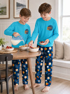 Beezizac boys pajama set — Teal‑Navy Basketball & Multi‑Sport Balls