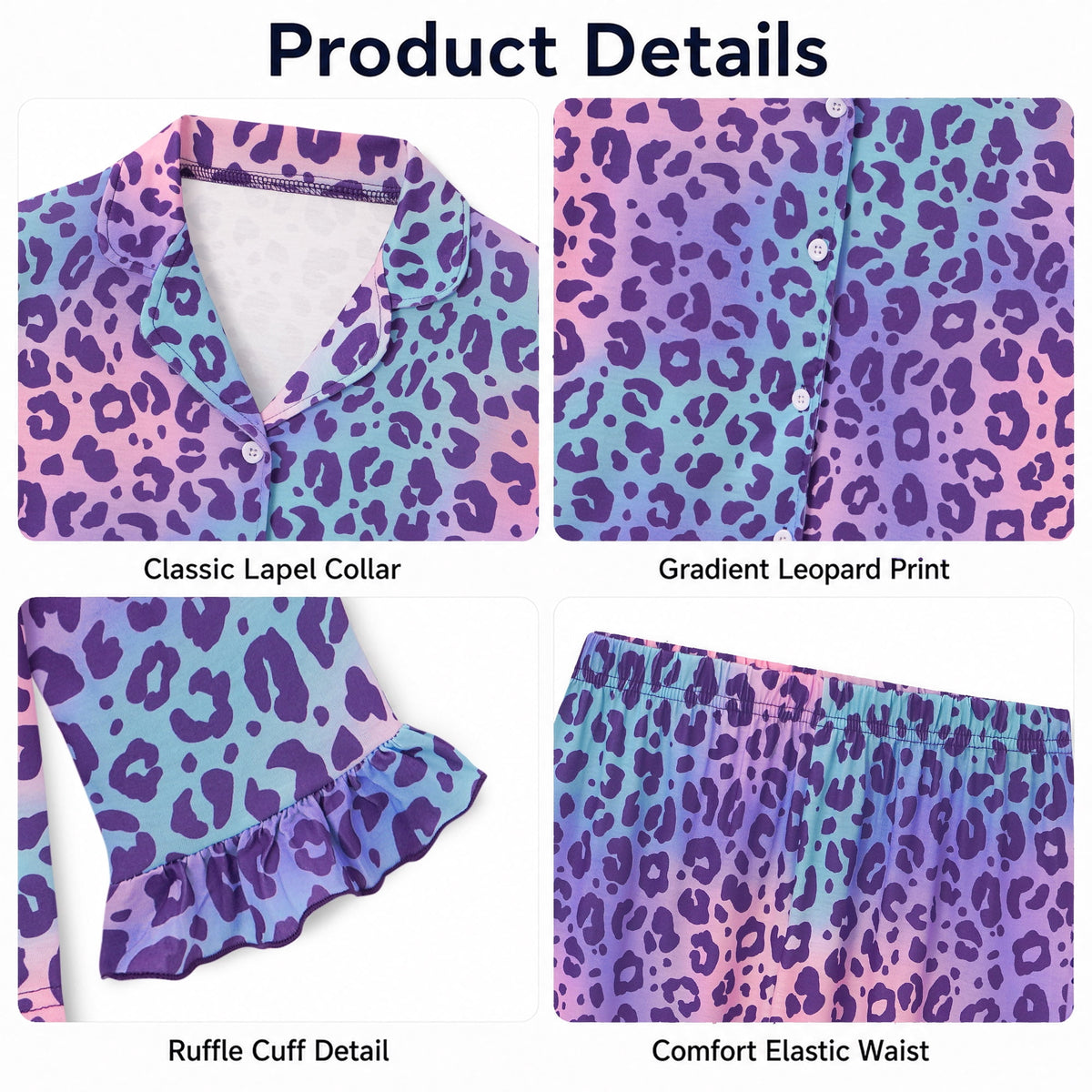 Beezizac Girls’ Long Sleeve Button-Down Pajama Set – Assorted Prints – Gradient Pink Purple Blue Leopard (Long sleeves & Long Pants)