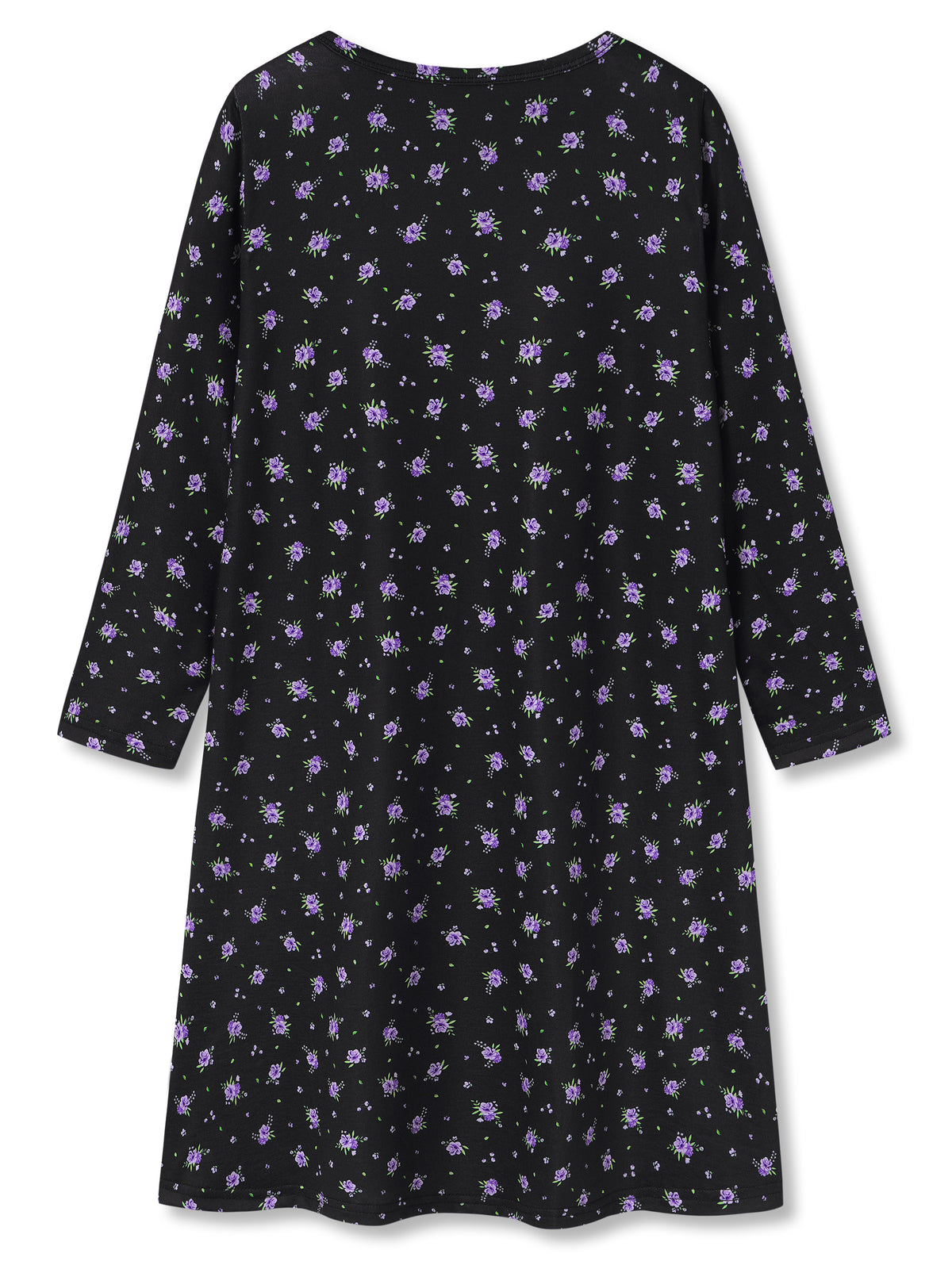 Beezizac girls long sleeve nightgown - Black Tiny Purple Floral