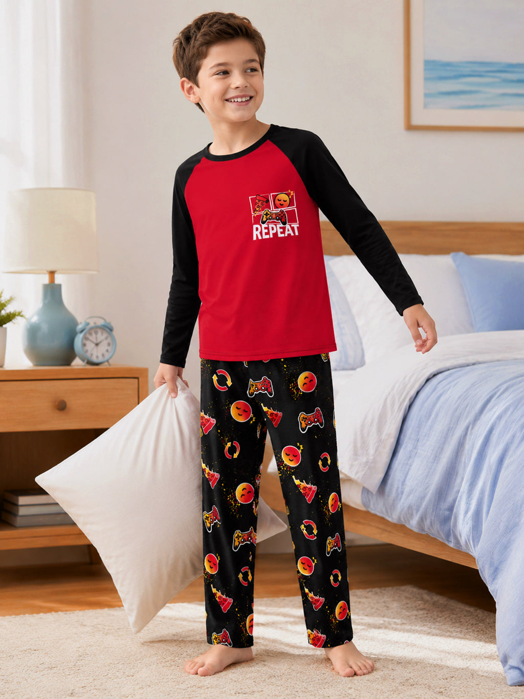 Beezizac boys pajama set — Red‑Black Raglan Repeat Pizza & Sleepy Face