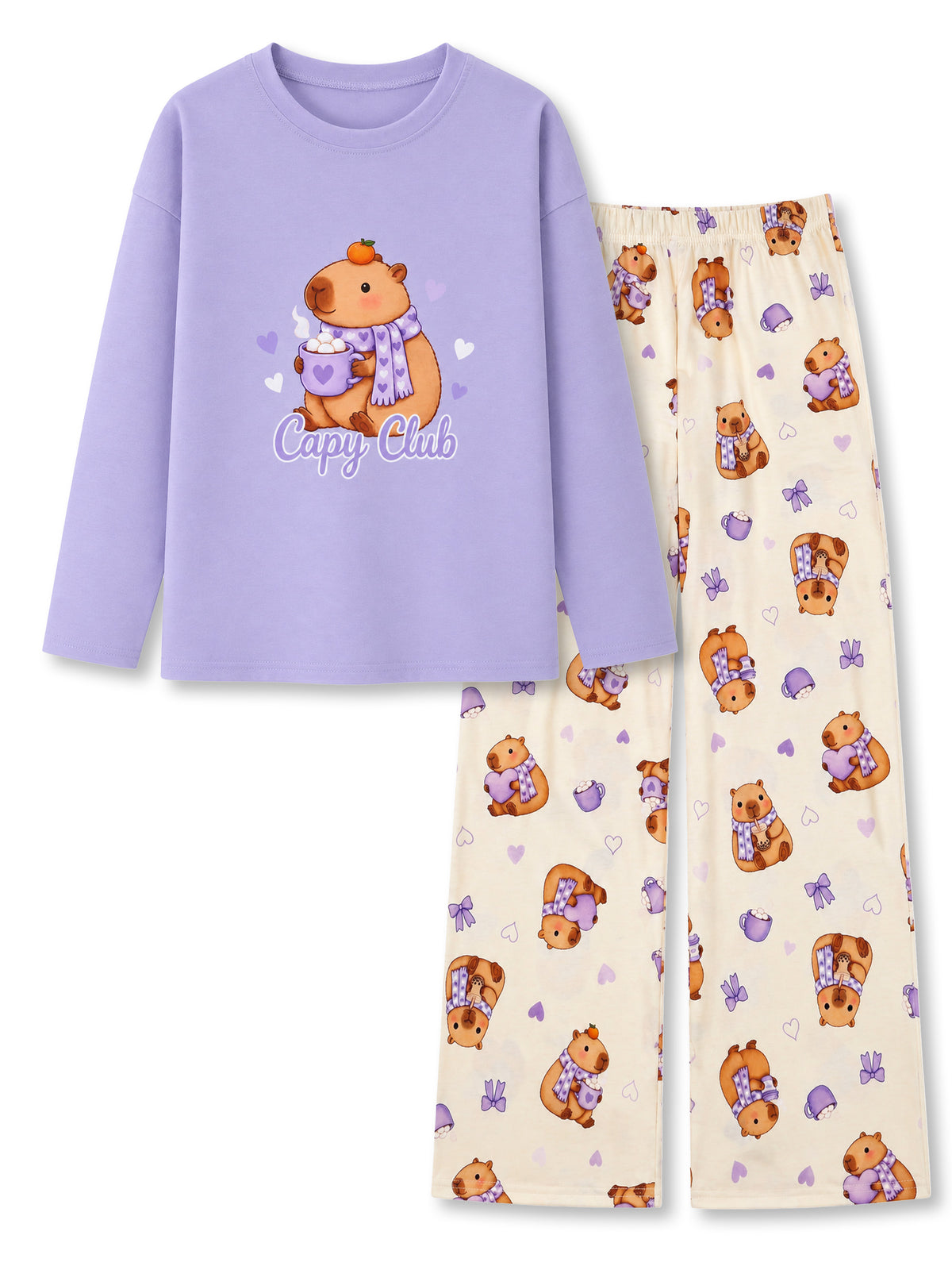 Beezizac girls pajama set - Lilac Purple Scarf Christmas Cocoa Capybara (Long Sleeve & Wide Leg Pant)