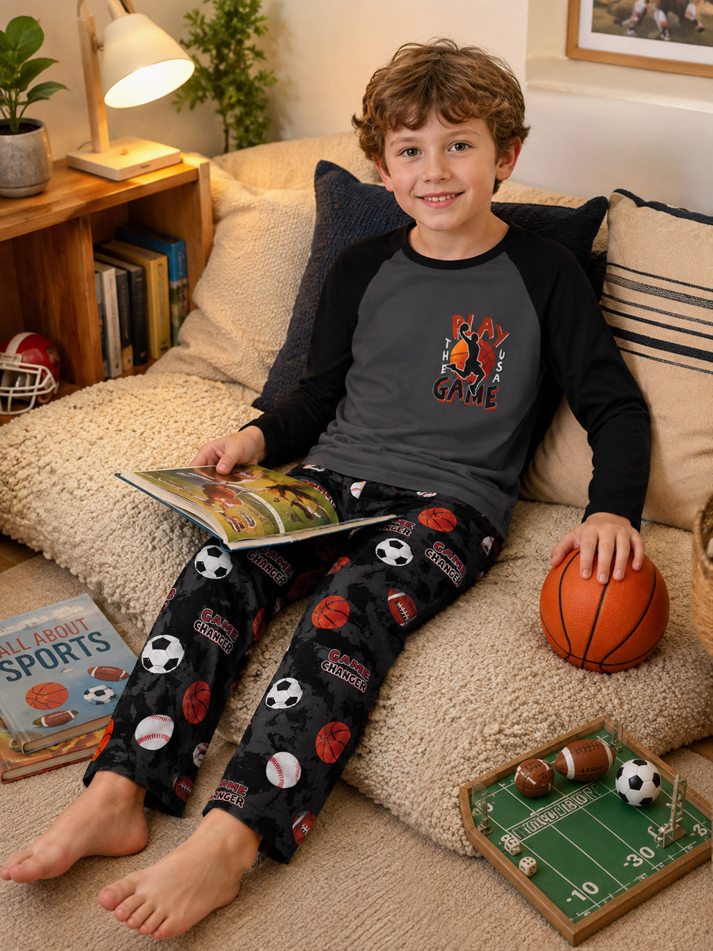 Beezizac boys pajama set — Grey‑Black Raglan Play The Game Multi‑Sport