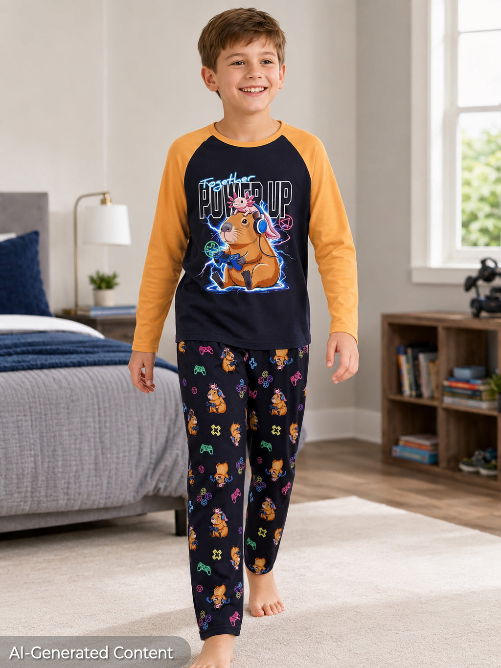 Beezizac Boys’ 2-Piece Long Sleeve Pajama Set – Sports, Gaming & Character Prints – Black Orange "Power Up" Capybara & Axolotl