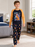 Beezizac Boys’ 2-Piece Long Sleeve Pajama Set – Sports, Gaming & Character Prints – Black Orange "Power Up" Capybara & Axolotl
