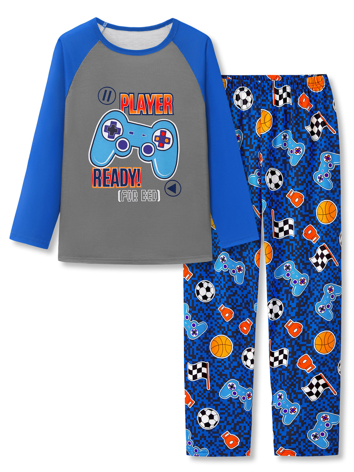 Beezizac boys pajama set — Grey‑Blue Raglan Player Ready Game‑Sports