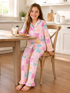 Beezizac Girls’ Long Sleeve Button-Down Pajama Set – Assorted Prints – Pink Colorful Bow (Long sleeves & Long Pants)