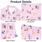 Beezizac Girls’ Long Sleeve Button-Down Pajama Set – Assorted Prints – Lilac Cartoon Puppies (Long sleeves & Long Pants)