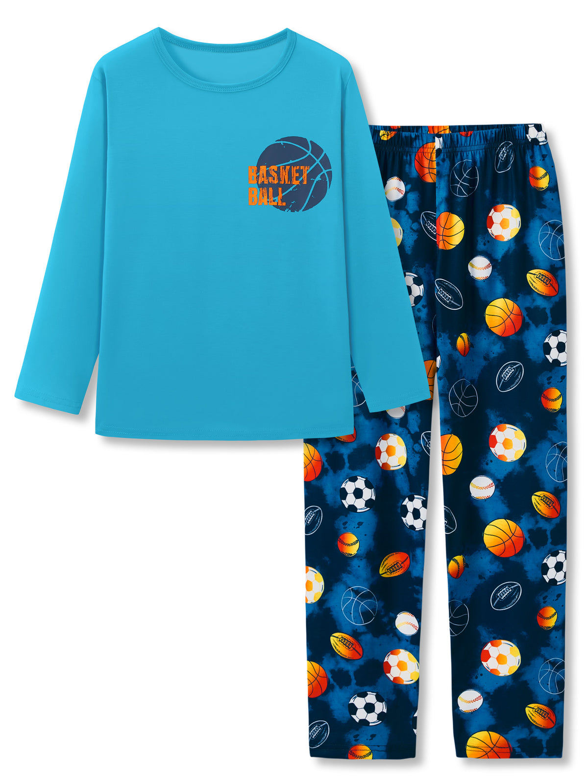 Beezizac boys pajama set — Teal‑Navy Basketball & Multi‑Sport Balls