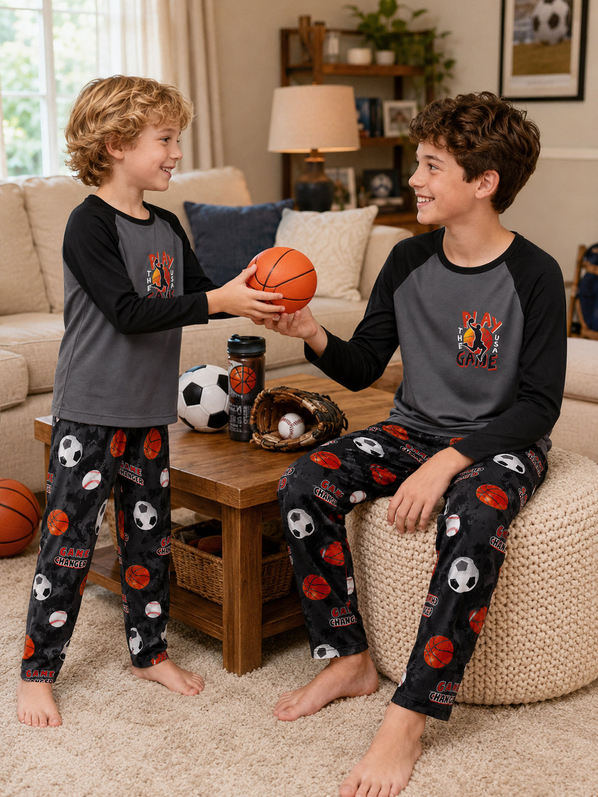Beezizac boys pajama set — Grey‑Black Raglan Play The Game Multi‑Sport