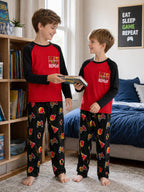 Beezizac boys pajama set — Red‑Black Raglan Repeat Pizza & Sleepy Face