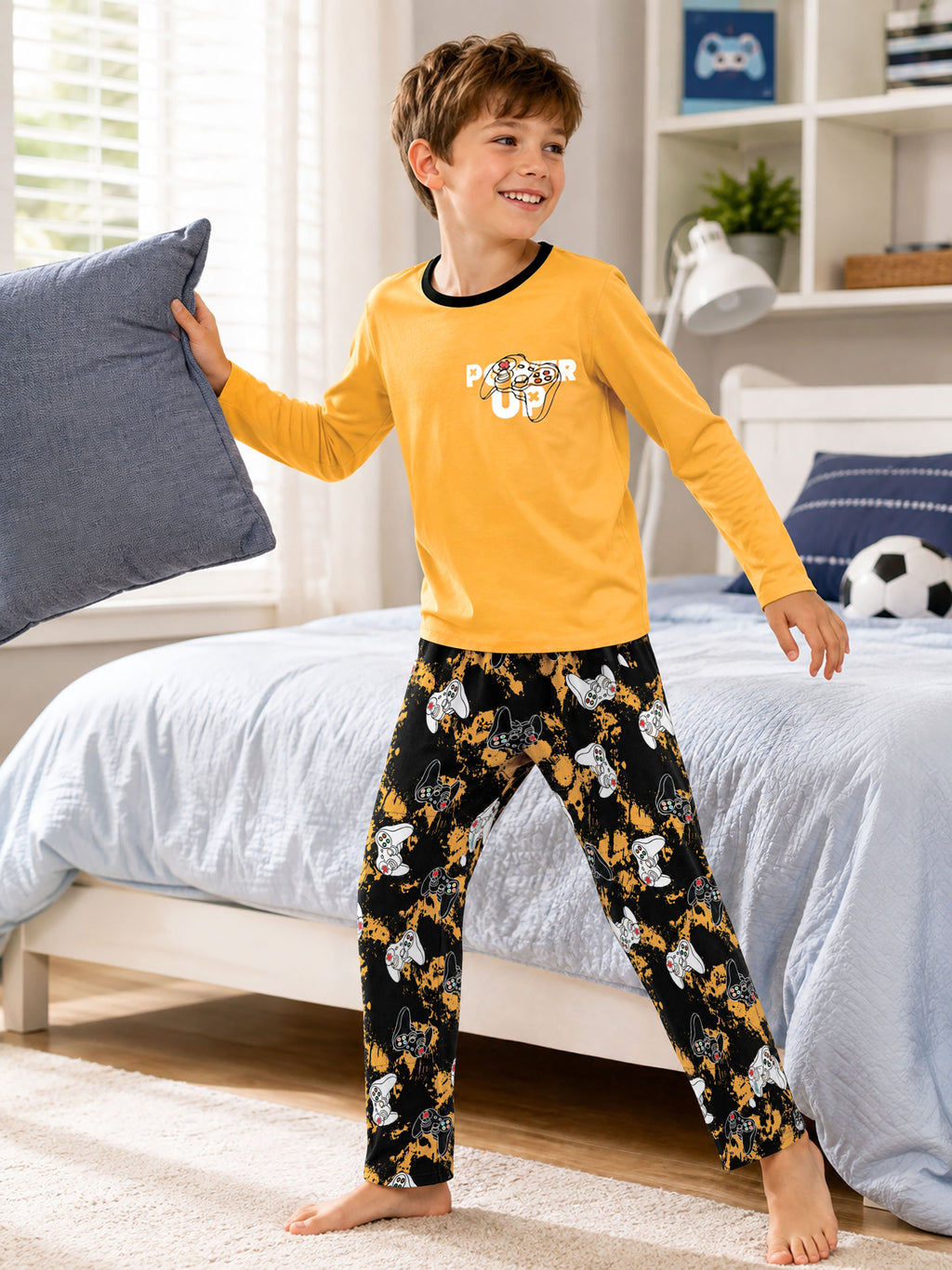 Beezizac boys pajama set — Yellow‑Black Game Controller