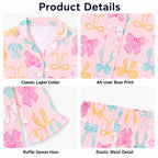Beezizac Girls’ Long Sleeve Button-Down Pajama Set – Assorted Prints – Pink Colorful Bow (Long sleeves & Long Pants)
