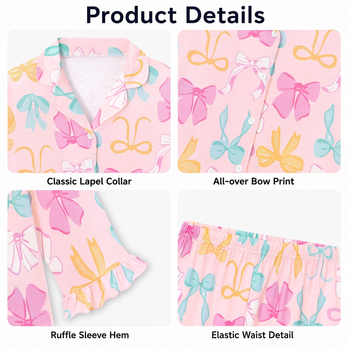 Beezizac Girls’ Long Sleeve Button-Down Pajama Set – Assorted Prints – Pink Colorful Bow (Long sleeves & Long Pants)
